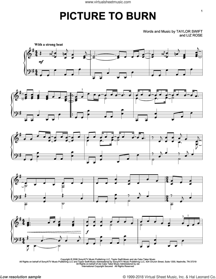 Picture To Burn sheet music for piano solo by Taylor Swift and Liz Rose, intermediate skill level
