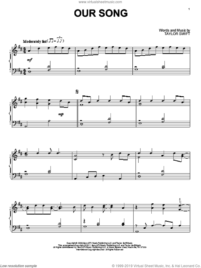 Our Song, (intermediate) sheet music for piano solo by Taylor Swift, intermediate skill level