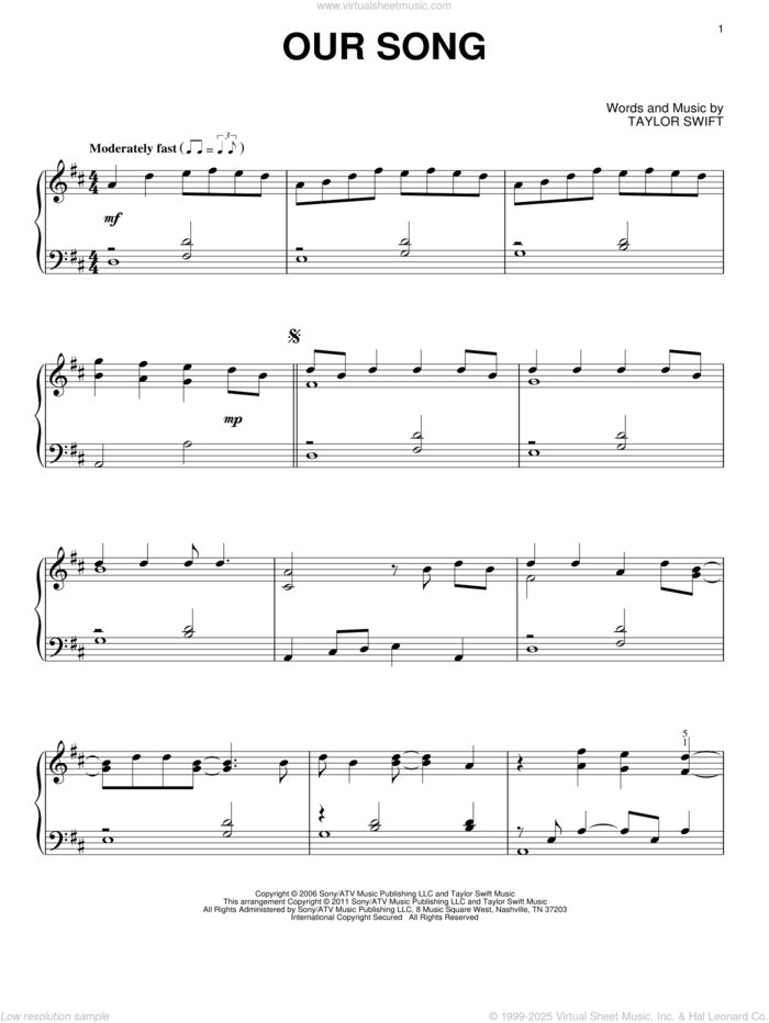 Our Song, (intermediate) sheet music for piano solo by Taylor Swift, intermediate skill level