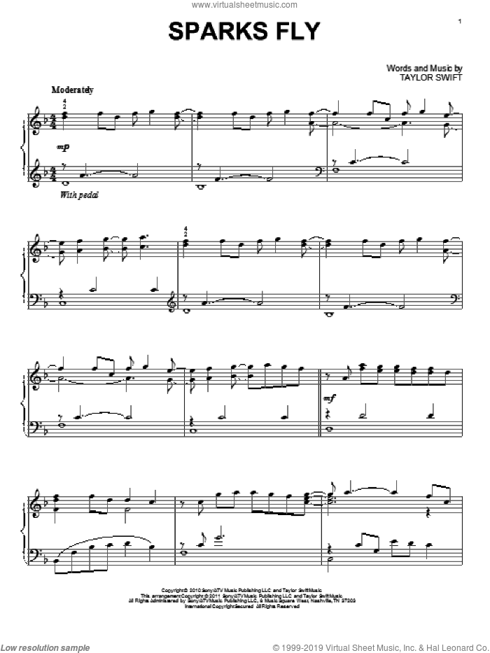 Sparks Fly, (intermediate) sheet music for piano solo by Taylor Swift, intermediate skill level