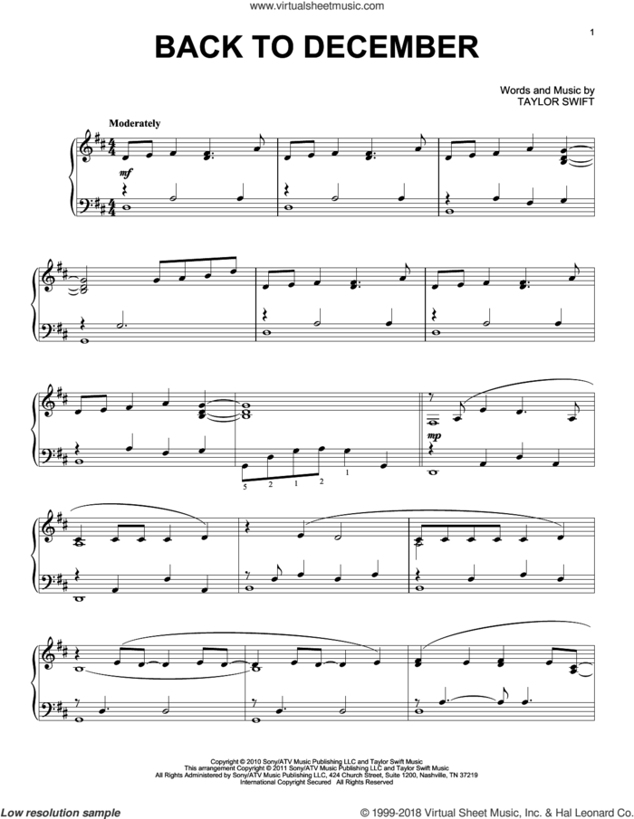 Back To December sheet music for piano solo by Taylor Swift, intermediate skill level