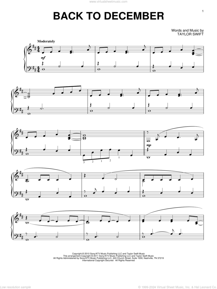 Back To December, (intermediate) sheet music for piano solo by Taylor Swift, intermediate skill level