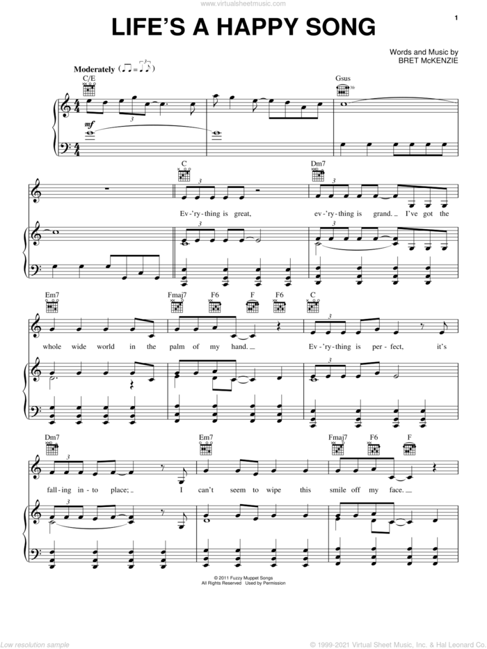 Life's A Happy Song sheet music for voice, piano or guitar by The Muppets, The Muppets (Movie) and Bret McKenzie, intermediate skill level