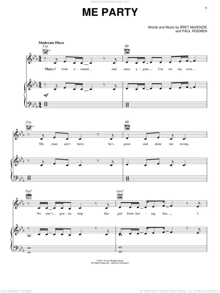 Me Party sheet music for voice, piano or guitar by The Muppets, The Muppets (Movie) and Bret McKenzie, intermediate skill level