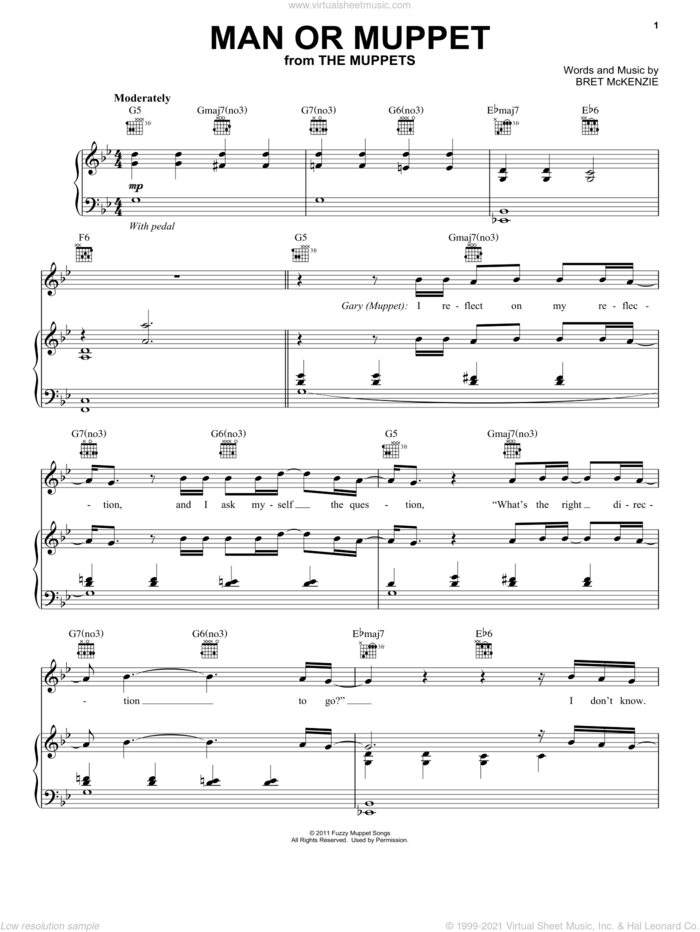 Man Or Muppet sheet music for voice, piano or guitar by The Muppets, The Muppets (Movie) and Bret McKenzie, intermediate skill level