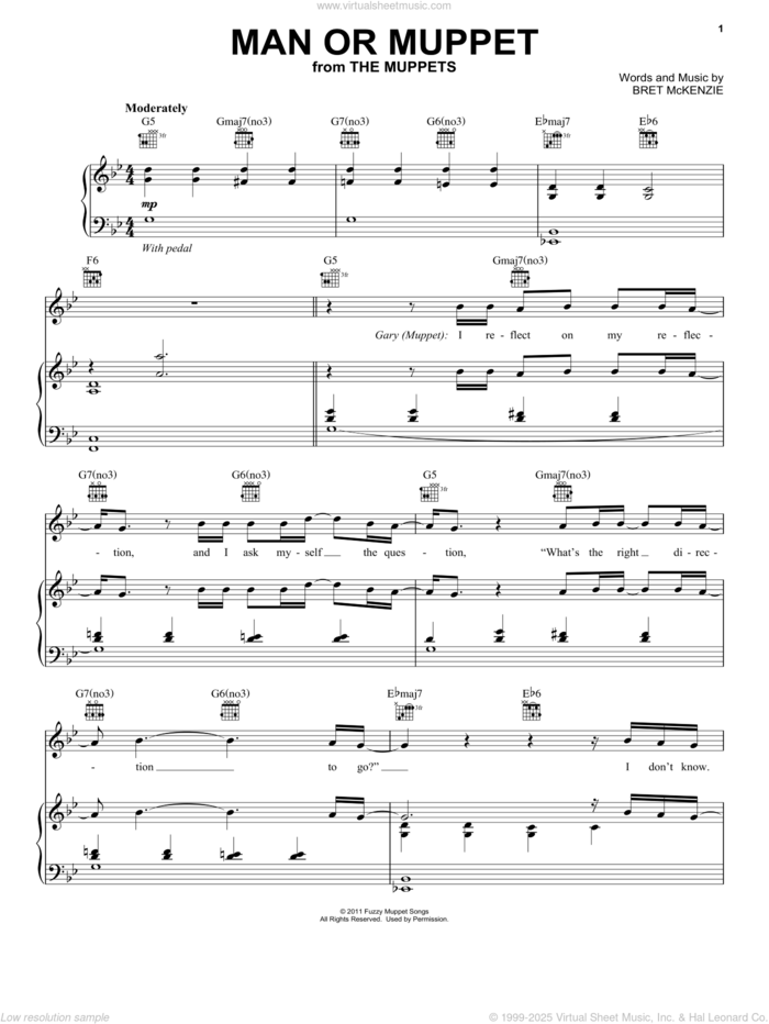 Man Or Muppet sheet music for voice, piano or guitar by The Muppets, The Muppets (Movie) and Bret McKenzie, intermediate skill level