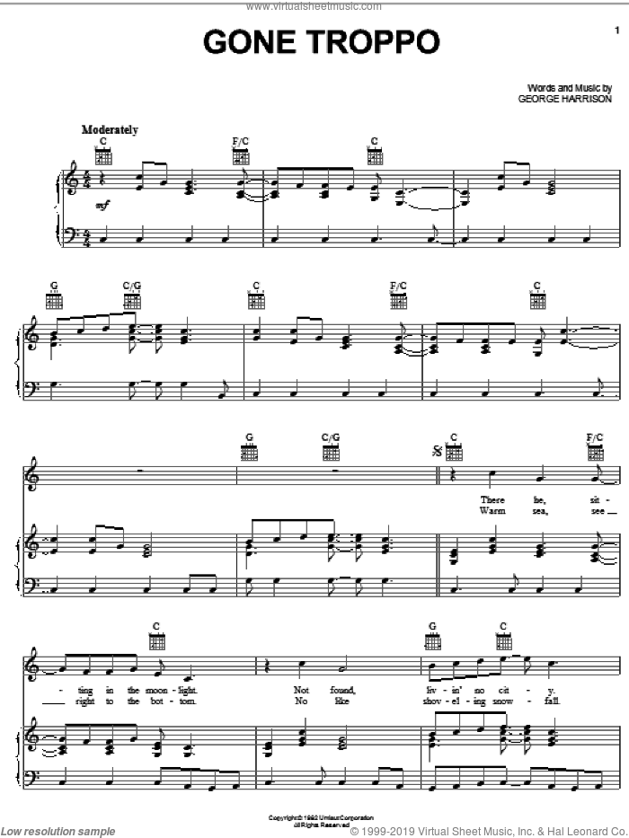 Gone Troppo sheet music for voice, piano or guitar by George Harrison, intermediate skill level