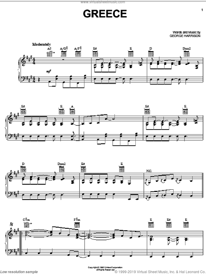 Greece sheet music for voice, piano or guitar by George Harrison, intermediate skill level