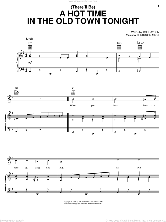 (There'll Be) A Hot Time In The Old Town Tonight sheet music for voice, piano or guitar by Bessie Smith, Joe Hayden and Theodore M. Metz, intermediate skill level