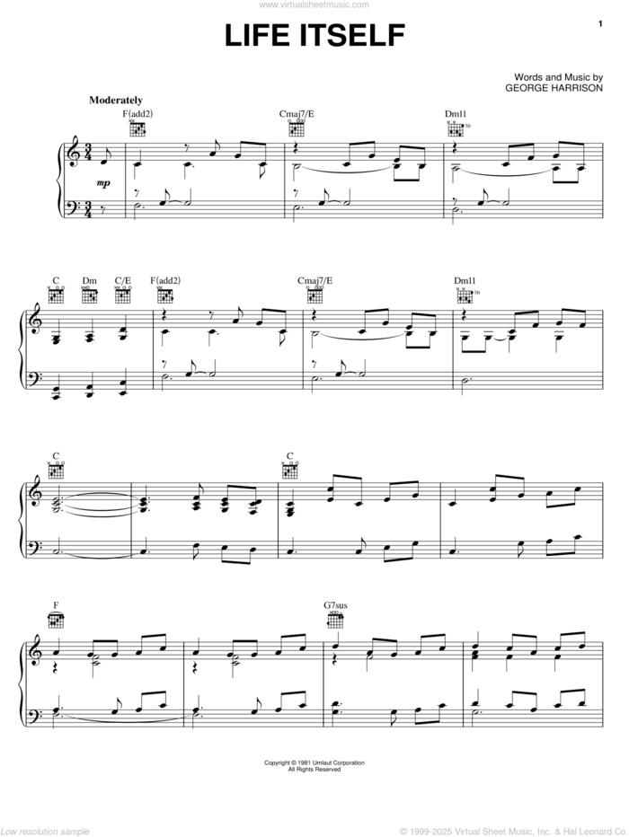 Life Itself sheet music for voice, piano or guitar by George Harrison, intermediate skill level