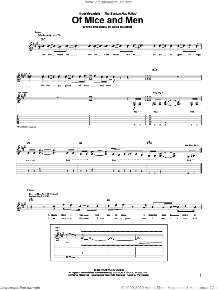 Of Mice And Men sheet music for guitar (tablature) by Megadeth and Dave Mustaine, intermediate skill level