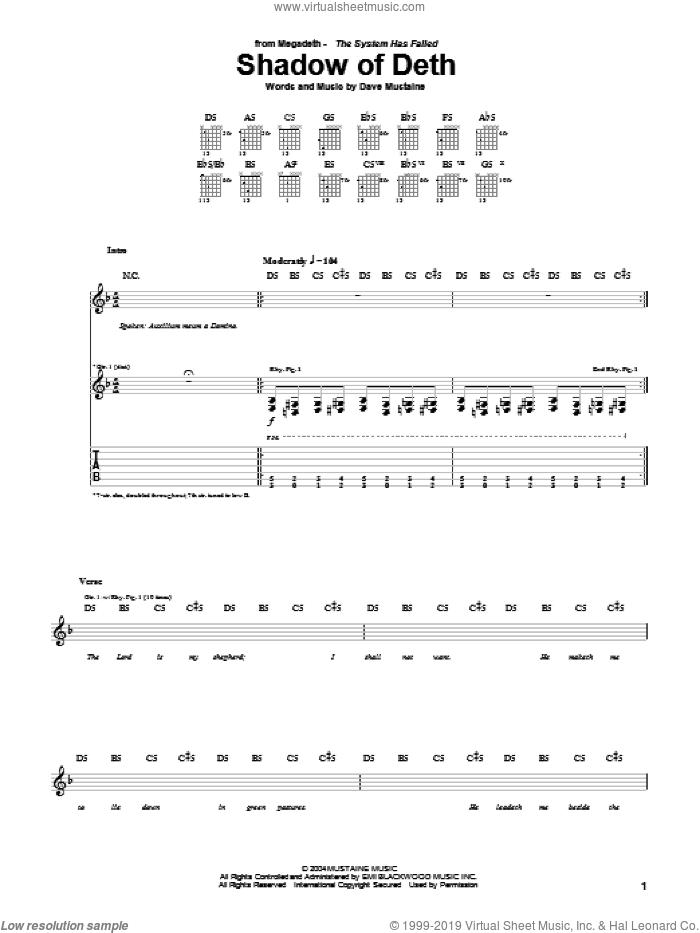 Shadow Of Deth sheet music for guitar (tablature) by Megadeth and Dave Mustaine, intermediate skill level