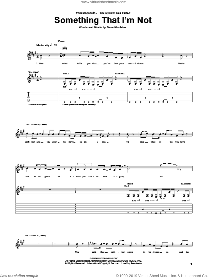 Something I'm Not sheet music for guitar (tablature) by Megadeth and Dave Mustaine, intermediate skill level