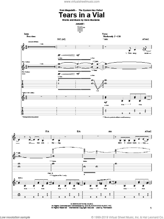 Tears In A Vial sheet music for guitar (tablature) by Megadeth and Dave Mustaine, intermediate skill level