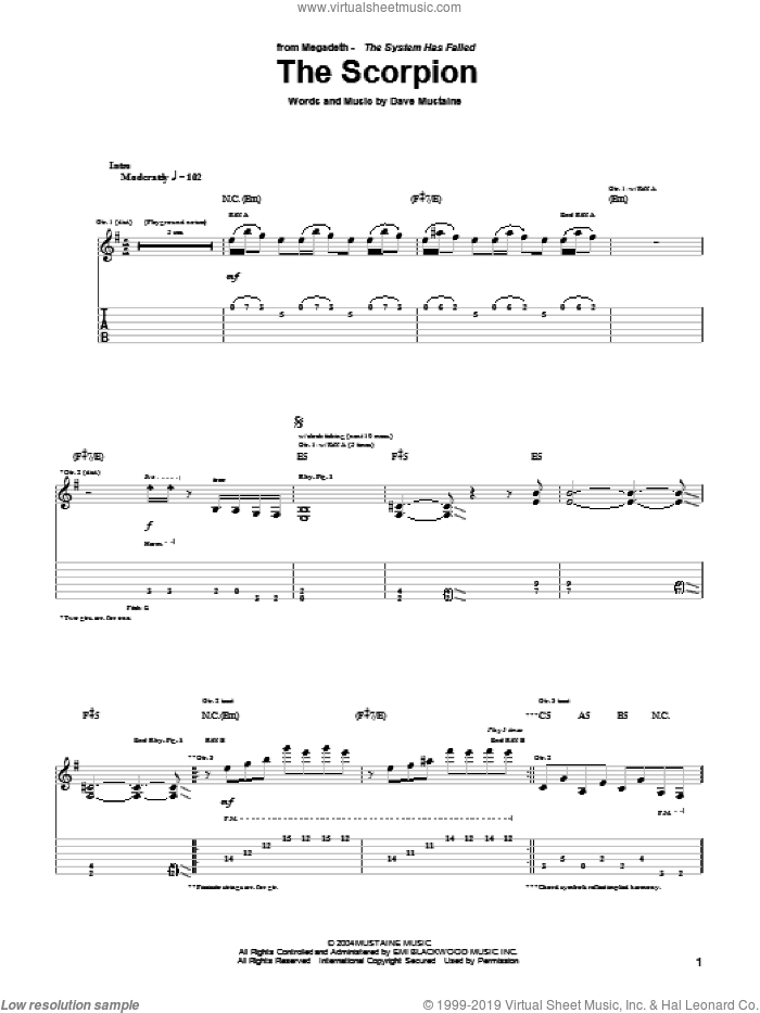 The Scorpion sheet music for guitar (tablature) by Megadeth and Dave Mustaine, intermediate skill level
