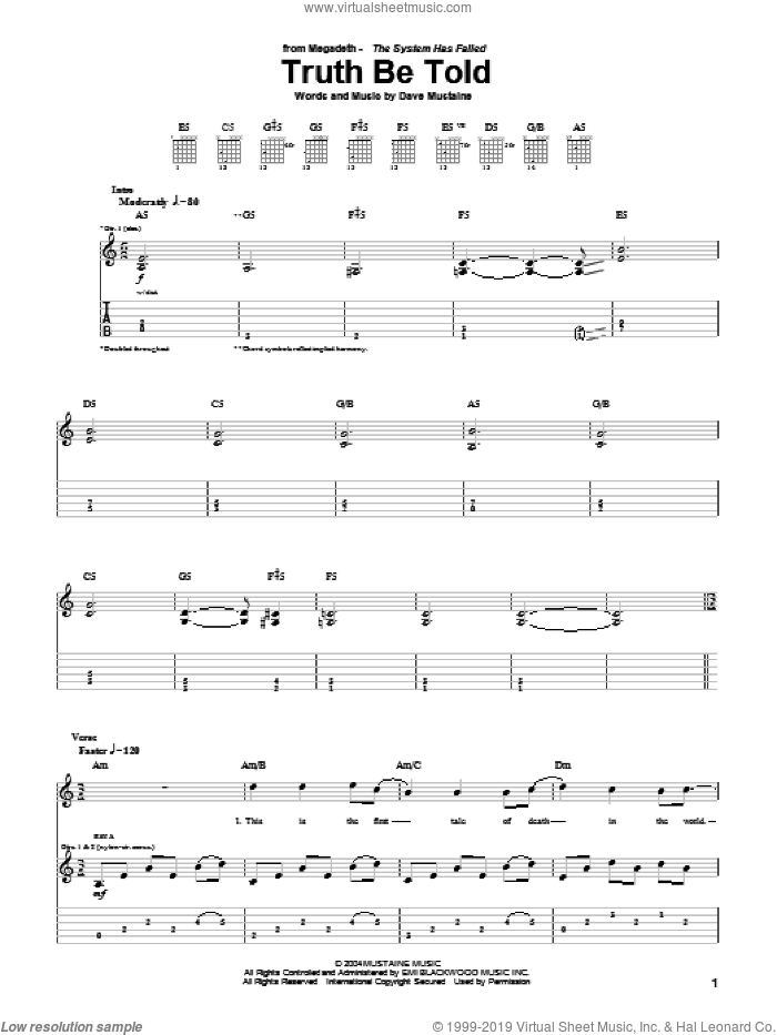 Truth Be Told sheet music for guitar (tablature) by Megadeth and Dave Mustaine, intermediate skill level
