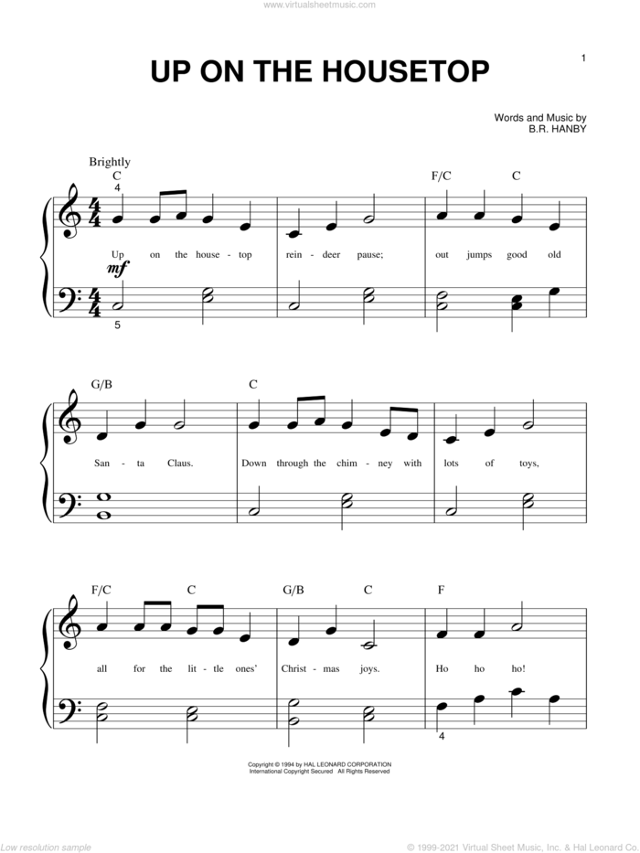 Up On The Housetop sheet music for piano solo (big note book) by Benjamin Hanby, easy piano (big note book)