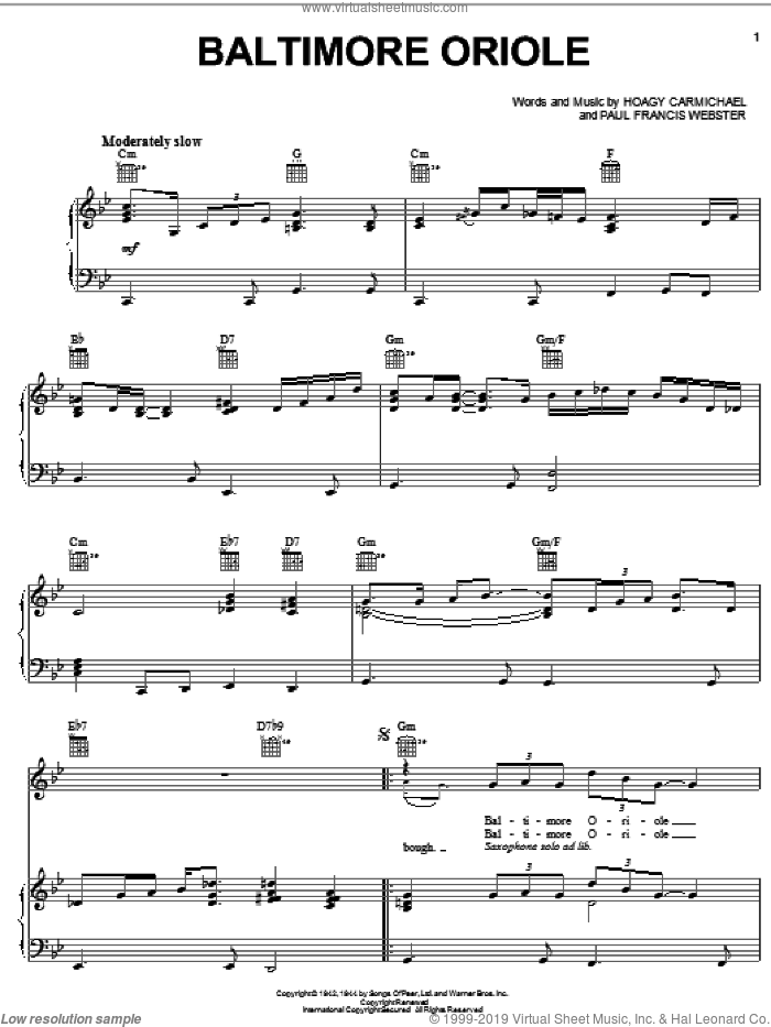 Baltimore Oriole sheet music for voice, piano or guitar by George Harrison, Hoagy Carmichael and Paul Francis Webster, intermediate skill level
