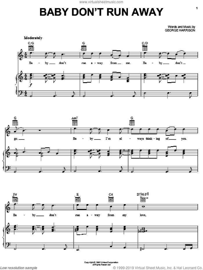 Baby Don't Run Away sheet music for voice, piano or guitar by George Harrison, intermediate skill level