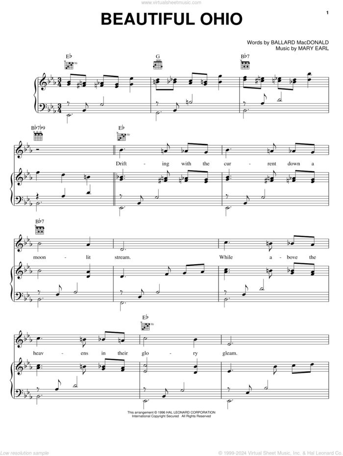 Beautiful Ohio sheet music for voice, piano or guitar by Hank Snow, Chet Atkins, Glenn Miller, Ballard MacDonald and Mary Earl, intermediate skill level