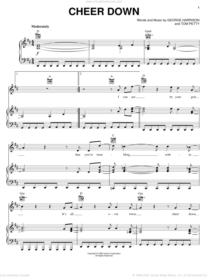 Cheer Down sheet music for voice, piano or guitar by George Harrison and Tom Petty, intermediate skill level