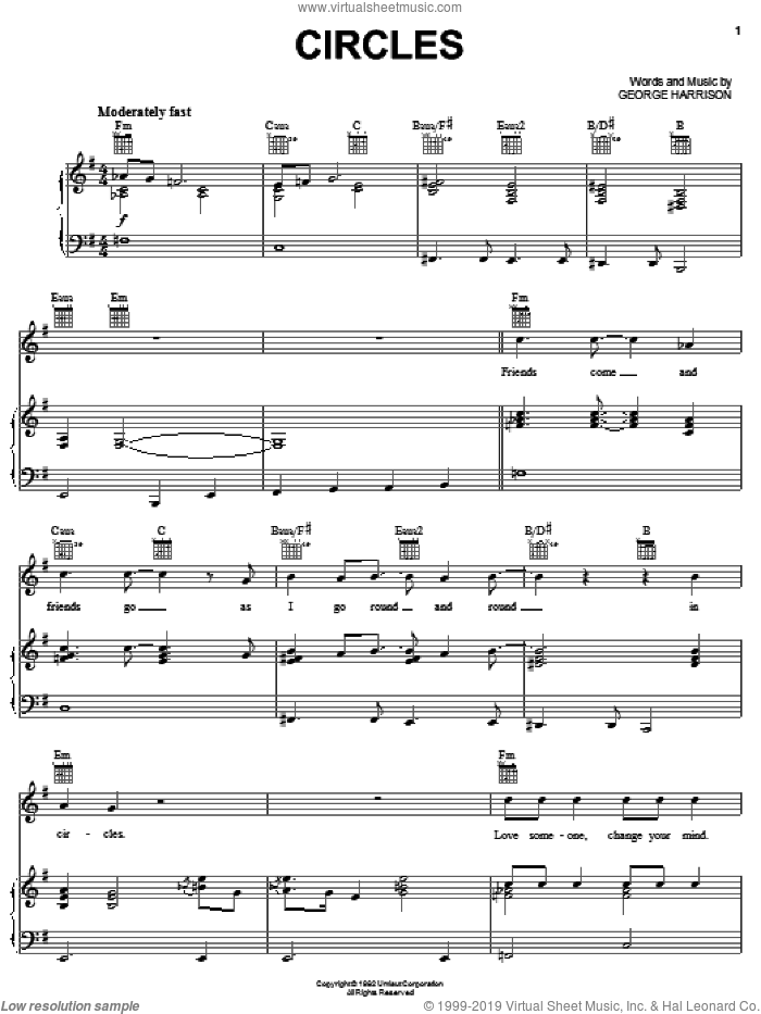 Circles sheet music for voice, piano or guitar by George Harrison, intermediate skill level