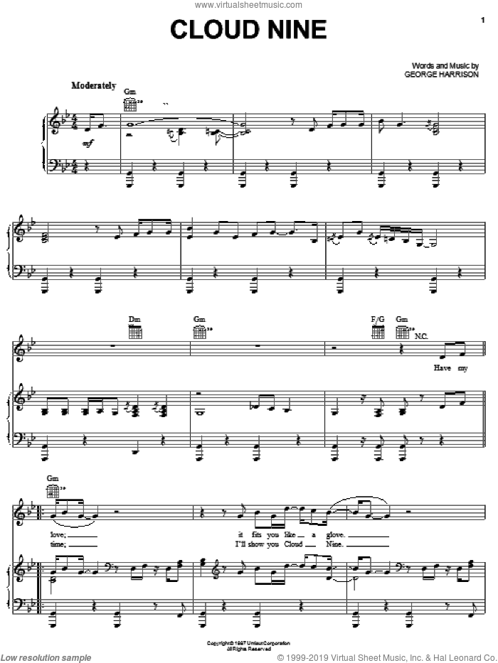 Cloud Nine sheet music for voice, piano or guitar by George Harrison, intermediate skill level