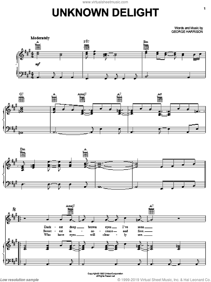 Unknown Delight sheet music for voice, piano or guitar by George Harrison, intermediate skill level
