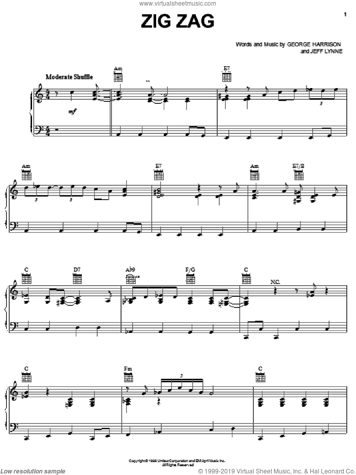 Zig Zag sheet music for voice, piano or guitar by George Harrison and Jeff Lynne, intermediate skill level