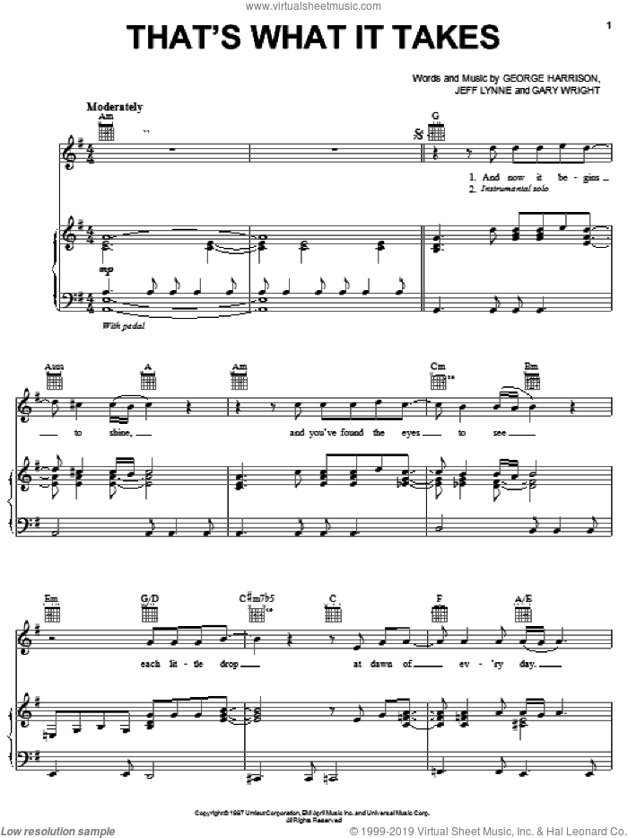 That's What It Takes sheet music for voice, piano or guitar by George Harrison, Gary Wright and Jeff Lynne, intermediate skill level