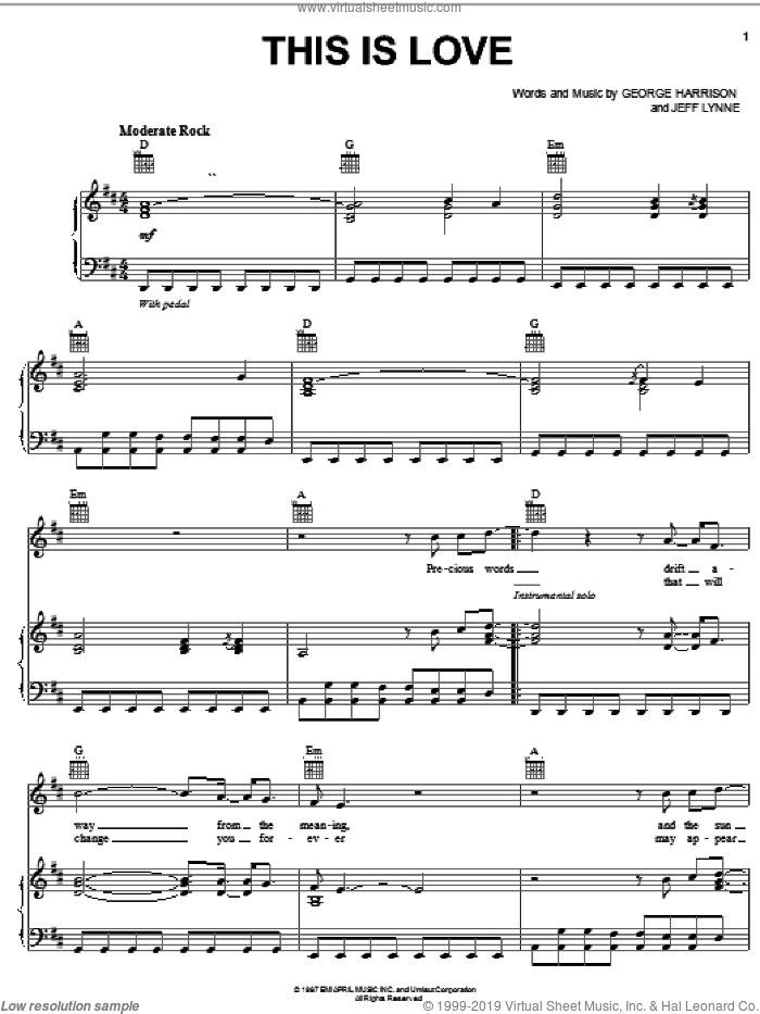 This Is Love sheet music for voice, piano or guitar by George Harrison and Jeff Lynne, intermediate skill level