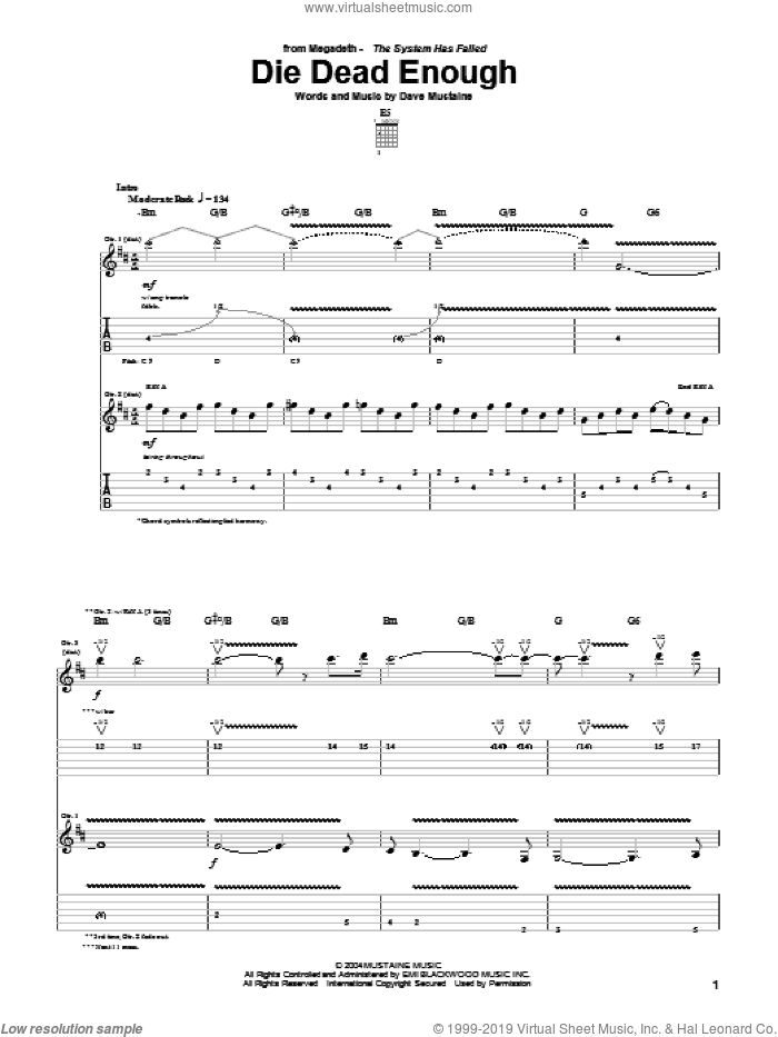 Die Dead Enough sheet music for guitar (tablature) by Megadeth and Dave Mustaine, intermediate skill level