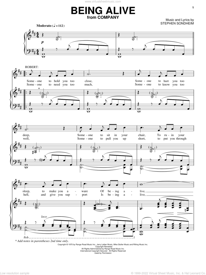 Being Alive sheet music for voice, piano or guitar by Stephen Sondheim and Company (Musical), intermediate skill level