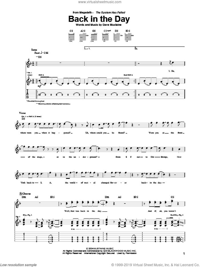 Back In The Day sheet music for guitar (tablature) by Megadeth and Dave Mustaine, intermediate skill level