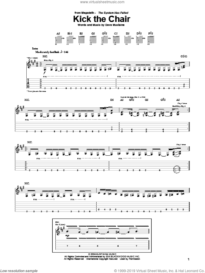 Kick The Chair sheet music for guitar (tablature) by Megadeth and Dave Mustaine, intermediate skill level
