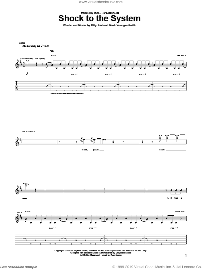 Shock To The System sheet music for guitar (tablature) by Billy Idol and Mark Younger-Smith, intermediate skill level