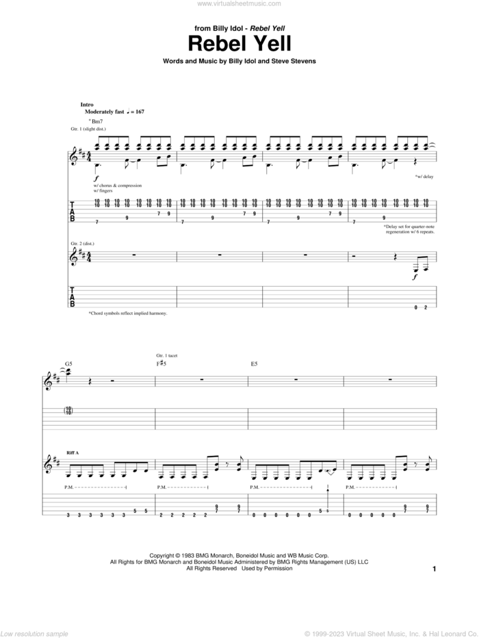 Rebel Yell sheet music for guitar (tablature) by Billy Idol and Steve Stevens, intermediate skill level