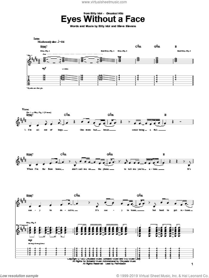 Eyes Without A Face sheet music for guitar (tablature) by Billy Idol and Steve Stevens, intermediate skill level