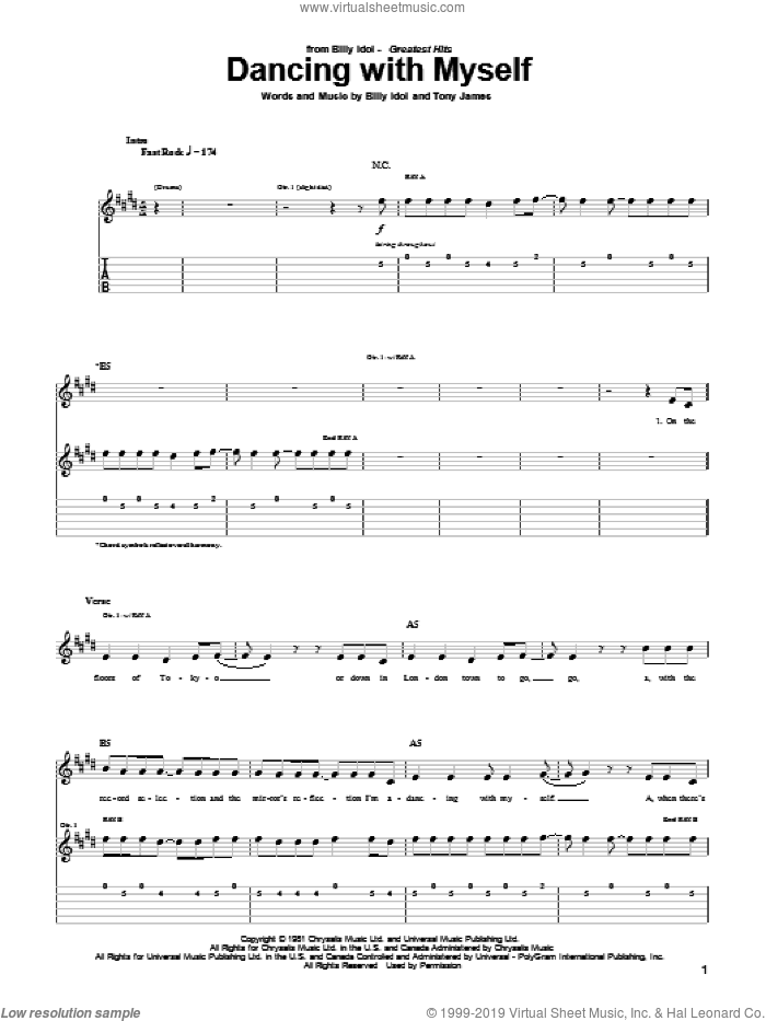 Dancing With Myself sheet music for guitar (tablature) by Billy Idol and Tony James, intermediate skill level