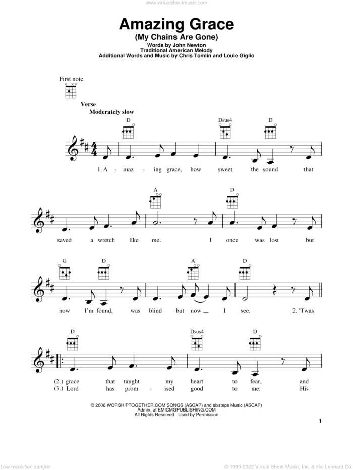 Amazing Grace (My Chains Are Gone) sheet music for ukulele by Chris Tomlin, John Newton and Louie Giglio, intermediate skill level