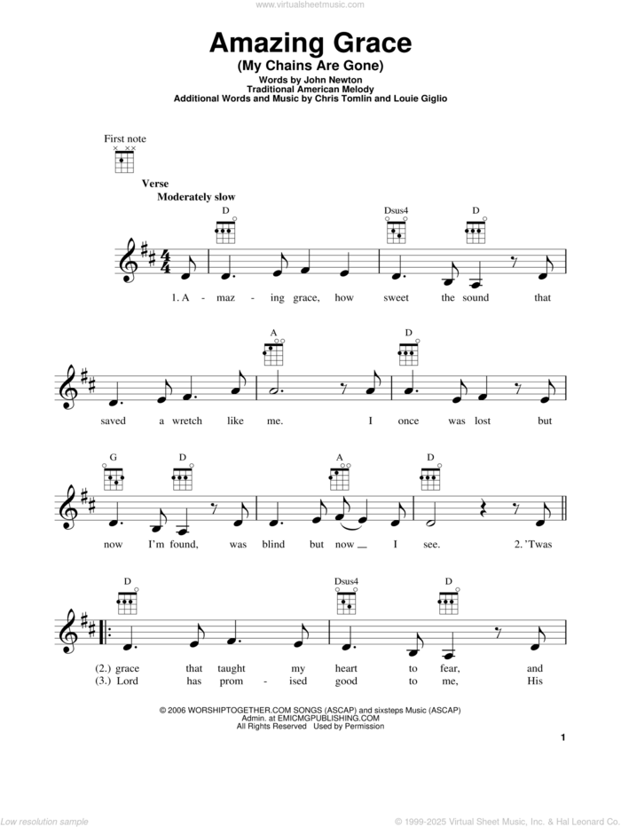 Amazing Grace (My Chains Are Gone) sheet music for ukulele by Chris Tomlin, John Newton and Louie Giglio, intermediate skill level