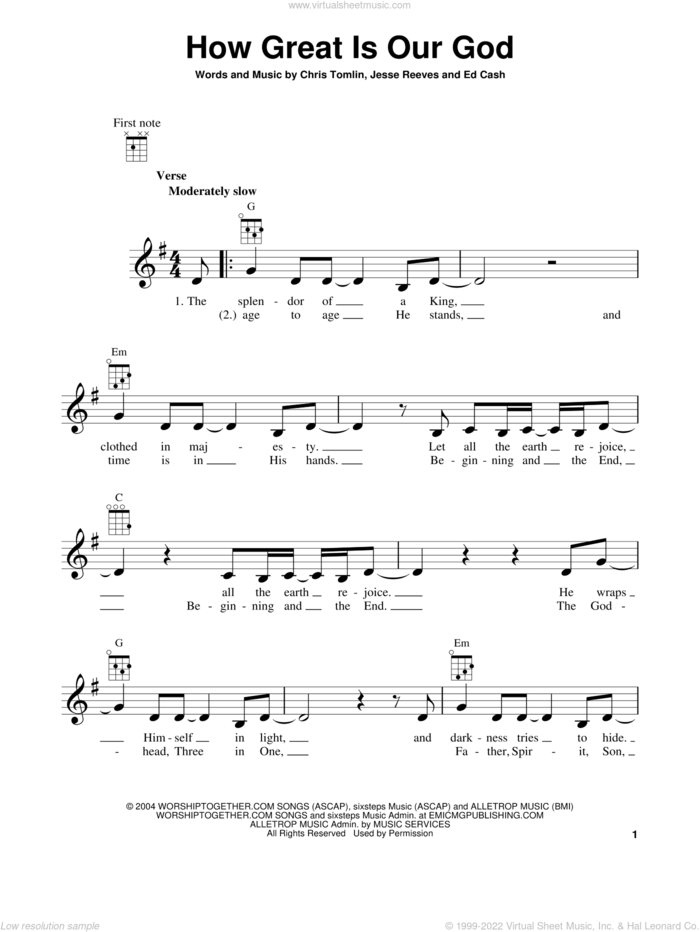 How Great Is Our God sheet music for ukulele by Chris Tomlin, Ed Cash and Jesse Reeves, intermediate skill level