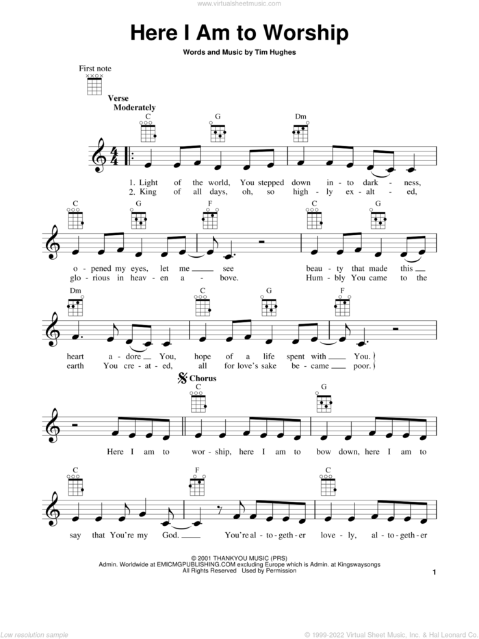 Here I Am To Worship sheet music for ukulele by Tim Hughes and Phillips, Craig & Dean, intermediate skill level