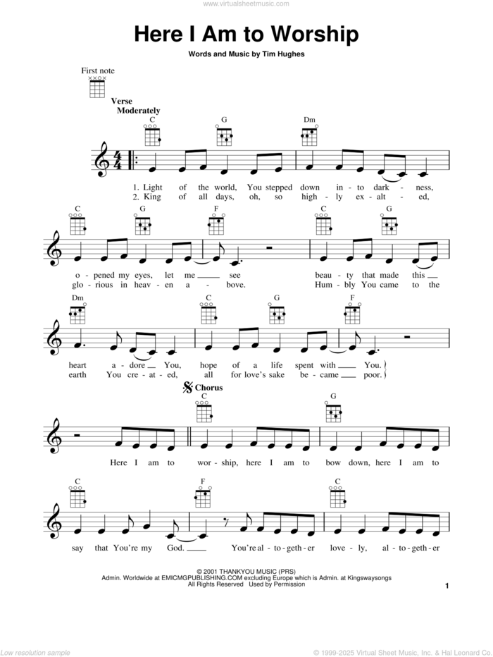 Here I Am To Worship sheet music for ukulele by Tim Hughes and Phillips, Craig & Dean, intermediate skill level