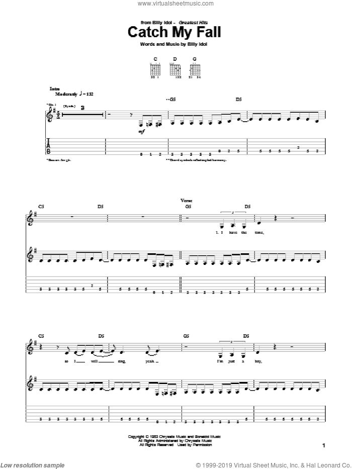 Catch My Fall sheet music for guitar (tablature) by Billy Idol, intermediate skill level