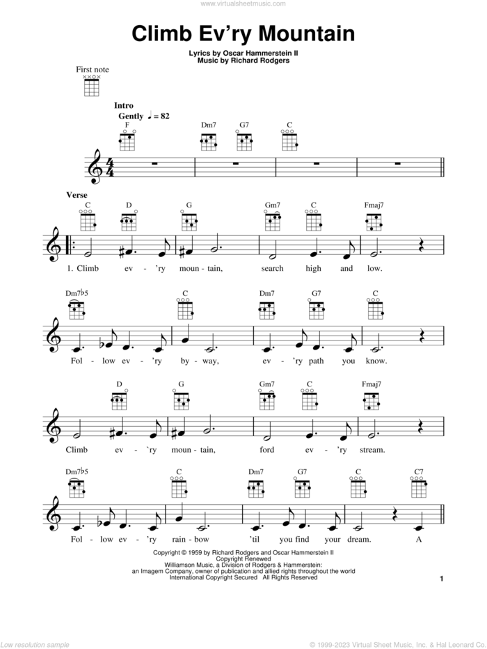 Climb Ev'ry Mountain sheet music for ukulele by Rodgers & Hammerstein, The Sound Of Music (Musical), Oscar II Hammerstein and Richard Rodgers, intermediate skill level