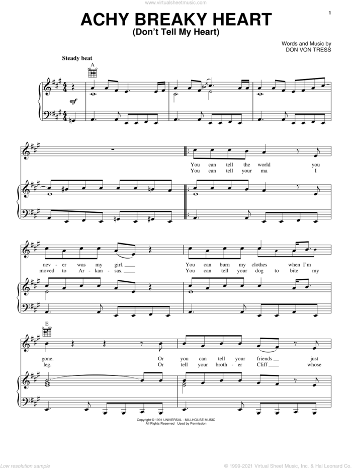 Achy Breaky Heart (Don't Tell My Heart) sheet music for voice, piano or guitar by Billy Ray Cyrus and Don Von Tress, intermediate skill level