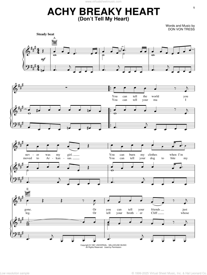 Achy Breaky Heart (Don't Tell My Heart) sheet music for voice, piano or guitar by Billy Ray Cyrus and Don Von Tress, intermediate skill level