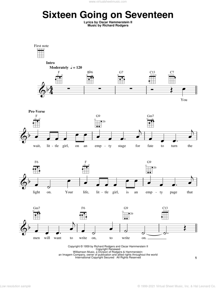 Sixteen Going On Seventeen (from The Sound of Music) sheet music for ukulele by Rodgers & Hammerstein, The Sound Of Music (Musical), Oscar II Hammerstein and Richard Rodgers, intermediate skill level