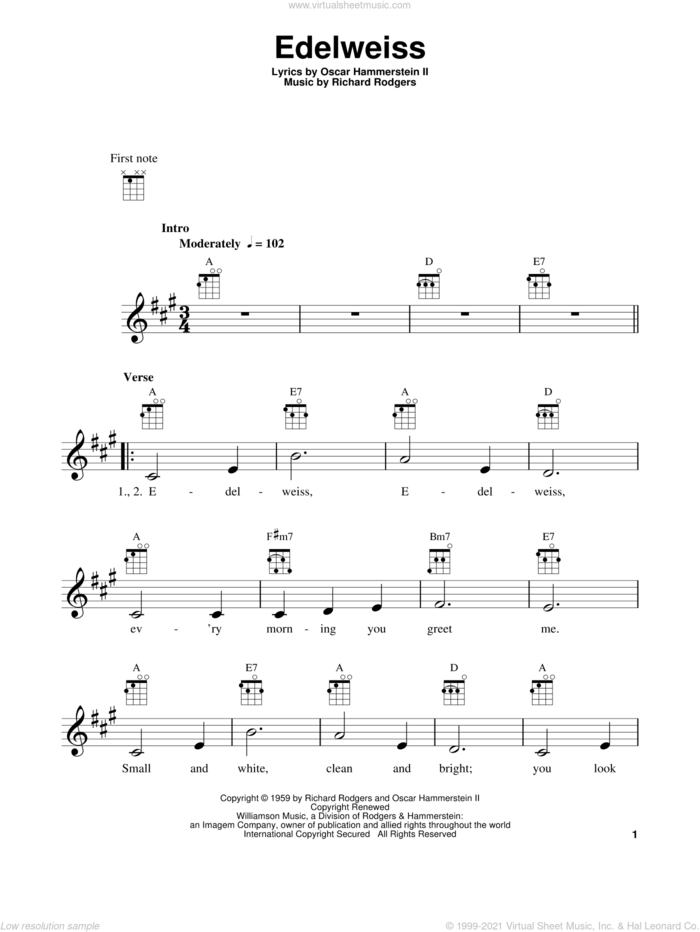Edelweiss sheet music for ukulele by Rodgers & Hammerstein, The Sound Of Music (Musical), Oscar II Hammerstein and Richard Rodgers, intermediate skill level